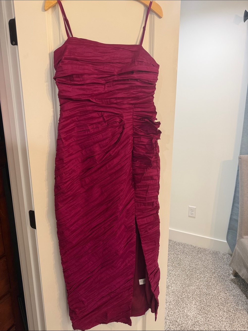 Ruched Spaghetti-Strap Midi Dress in Magenta